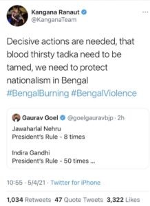 kangna tweet for bangal voilence
